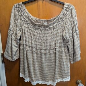 Striped Off-Shoulder Top with Lace Trim